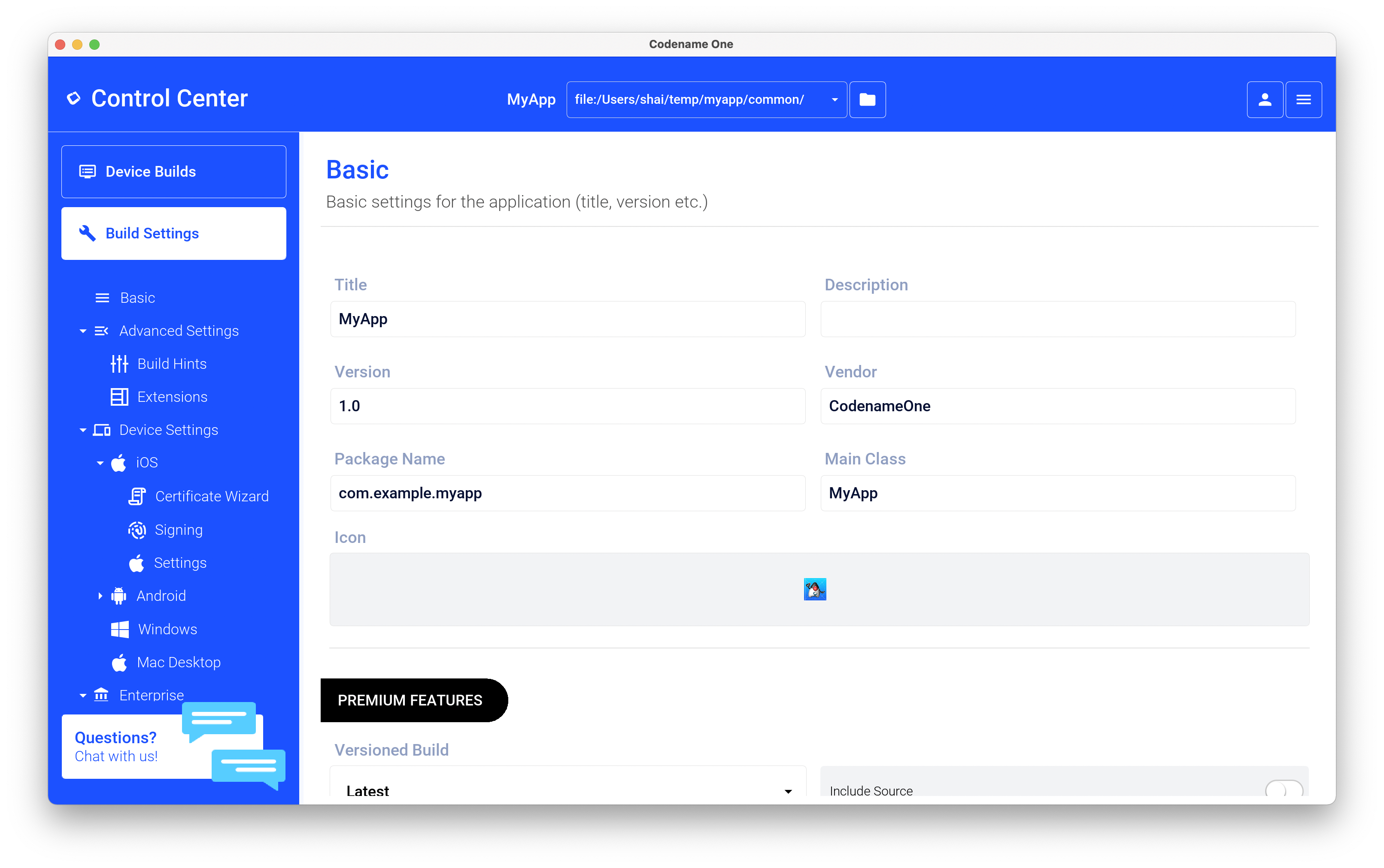 Codename One Settings/Control Center